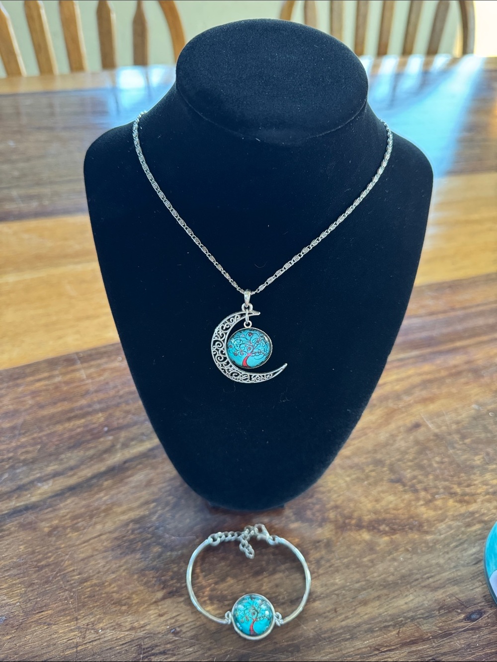 Silver-Tone Crescent Moon Necklace with Turquoise Tree Pendant